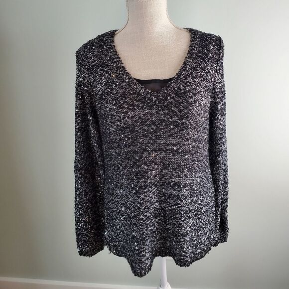 APT 9 WOMEN'S SWEATER SIZE LARGE PETITE LONG SLEEVE FULLY LINED BLACK AND GRAY - Picture 2 of 7